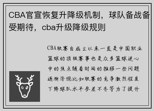 CBA官宣恢复升降级机制，球队备战备受期待，cba升级降级规则