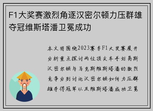 F1大奖赛激烈角逐汉密尔顿力压群雄夺冠维斯塔潘卫冕成功