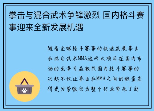 拳击与混合武术争锋激烈 国内格斗赛事迎来全新发展机遇